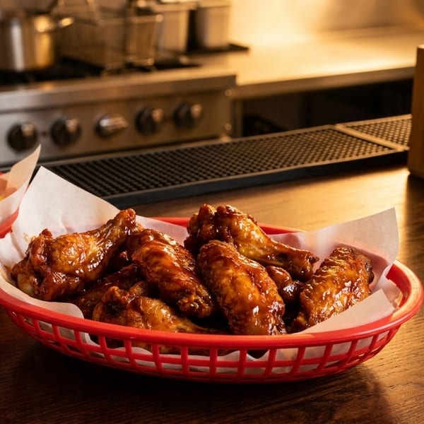 Baskets of golden french fries and glazed chicken wings on a wooden counter in a restaurant kitchen.