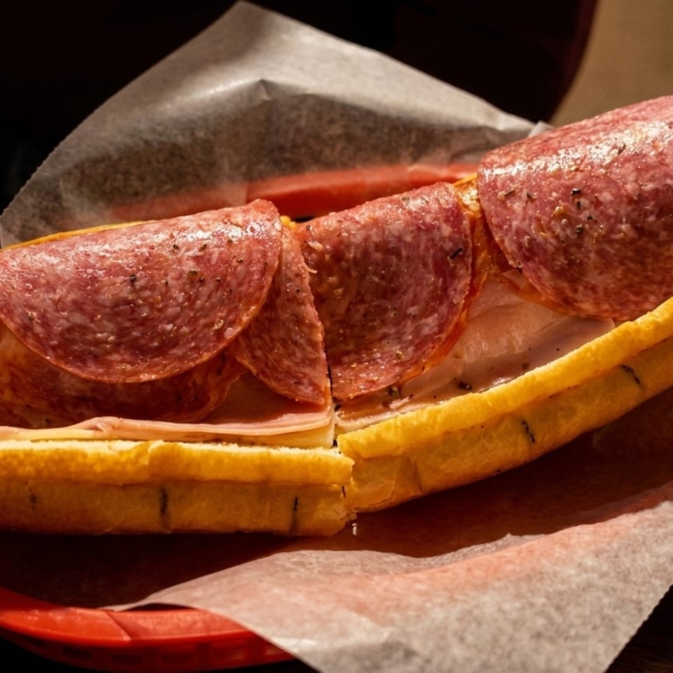 A large deli sub sandwich with salami, ham, and cheese on a red plate.
