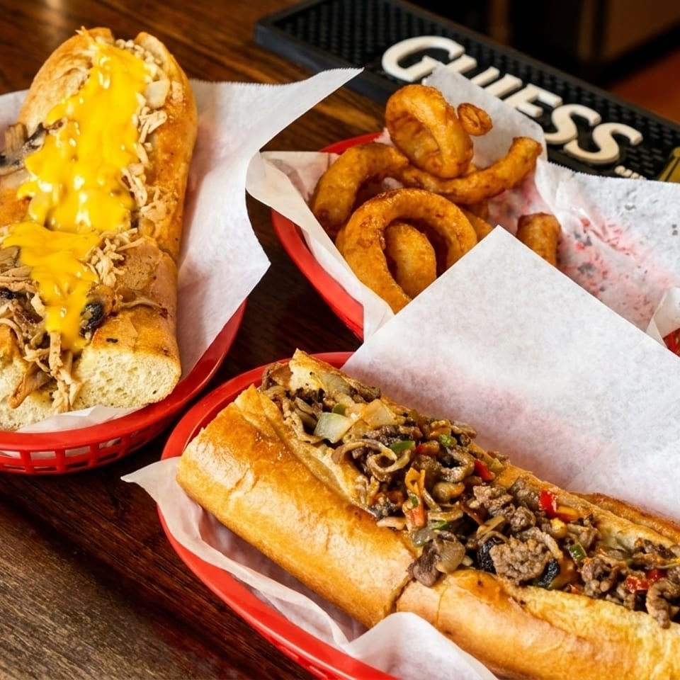 Two cheesesteak sandwiches and a basket of onion rings on a wooden table with a Guinness bar mat.