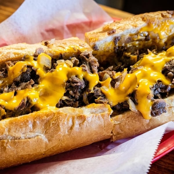 Cheesesteak sandwich with melted cheese and onions, served in a red basket on a wooden table.