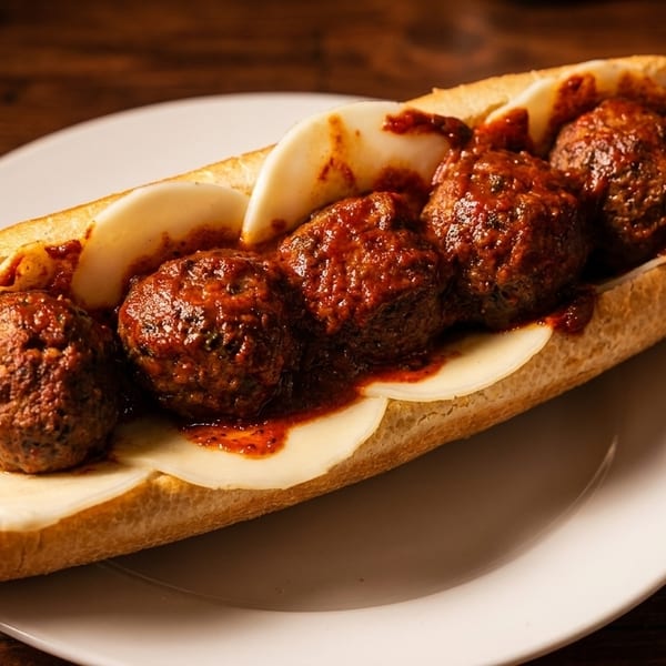 A meatball sub sandwich with melted cheese and marinara sauce on a white plate.