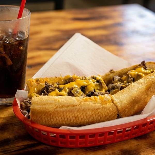 Cheesesteak sandwich with melted cheese in a red basket next to a glass of soda on a wooden table.
